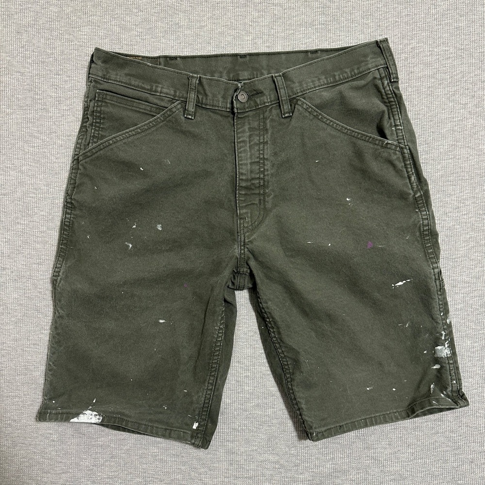Levis Workwear 545 Carpenter Cargo Shorts Mens 34 Olive Green Paint Splattered